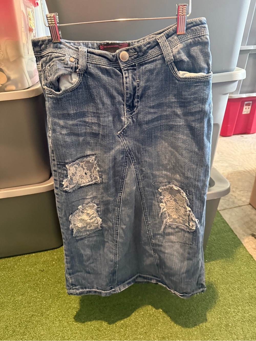 Distressed Denim Midi Skirt with Lace Patches - Blue p45